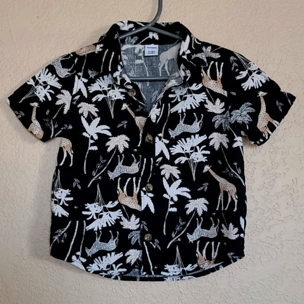 Old Navy, Black Short Sleeve Printed Shirt, 18-24 Months